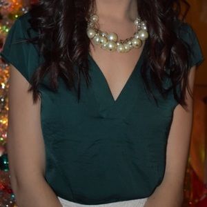H&M Emerald Green Silky Short Sleeve V-Neck Top